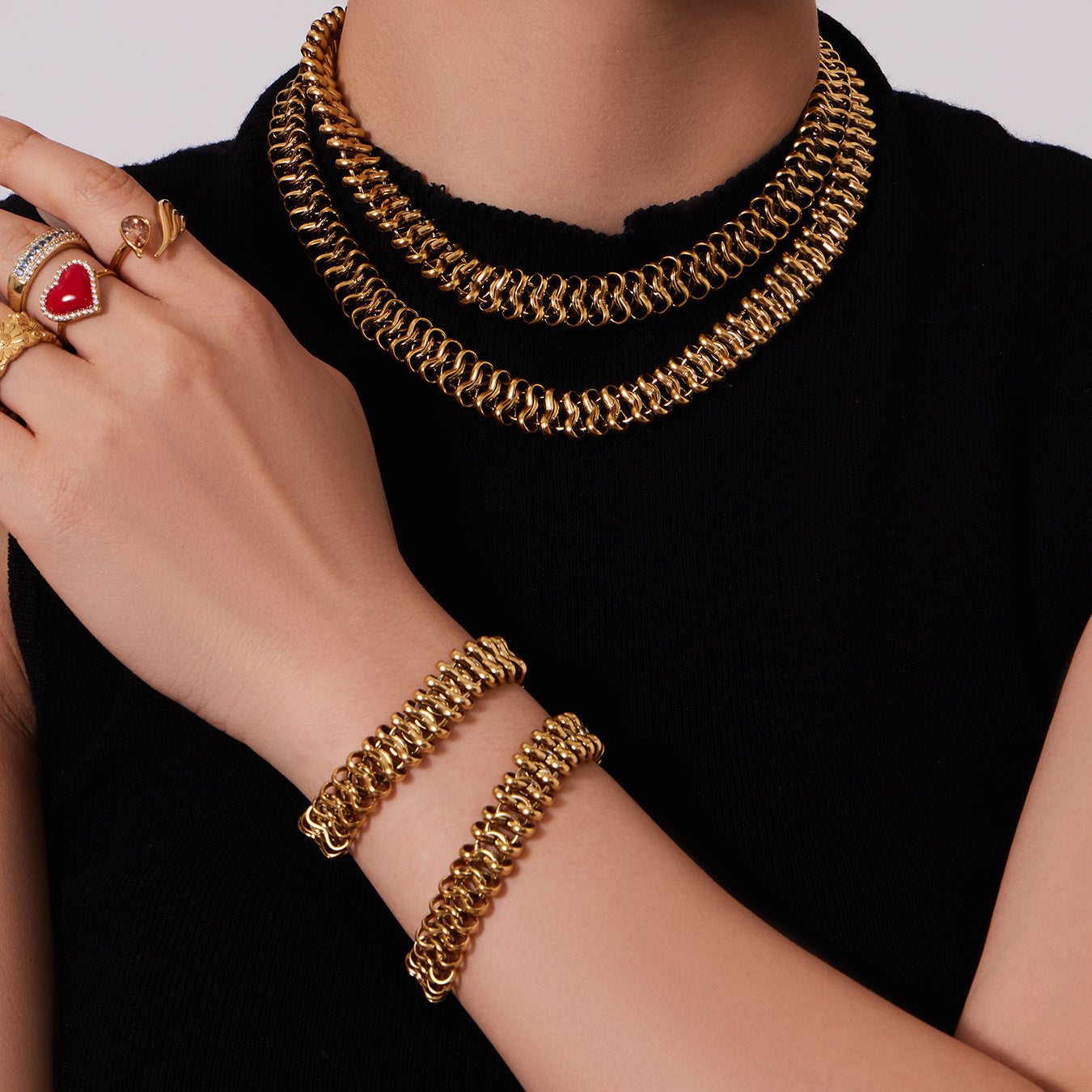 B廠【TXP565】歐美新款手工編織古巴嘻哈項鍊手鍊潮人街舞不鏽鋼18k金飾品套裝
 26.03-2