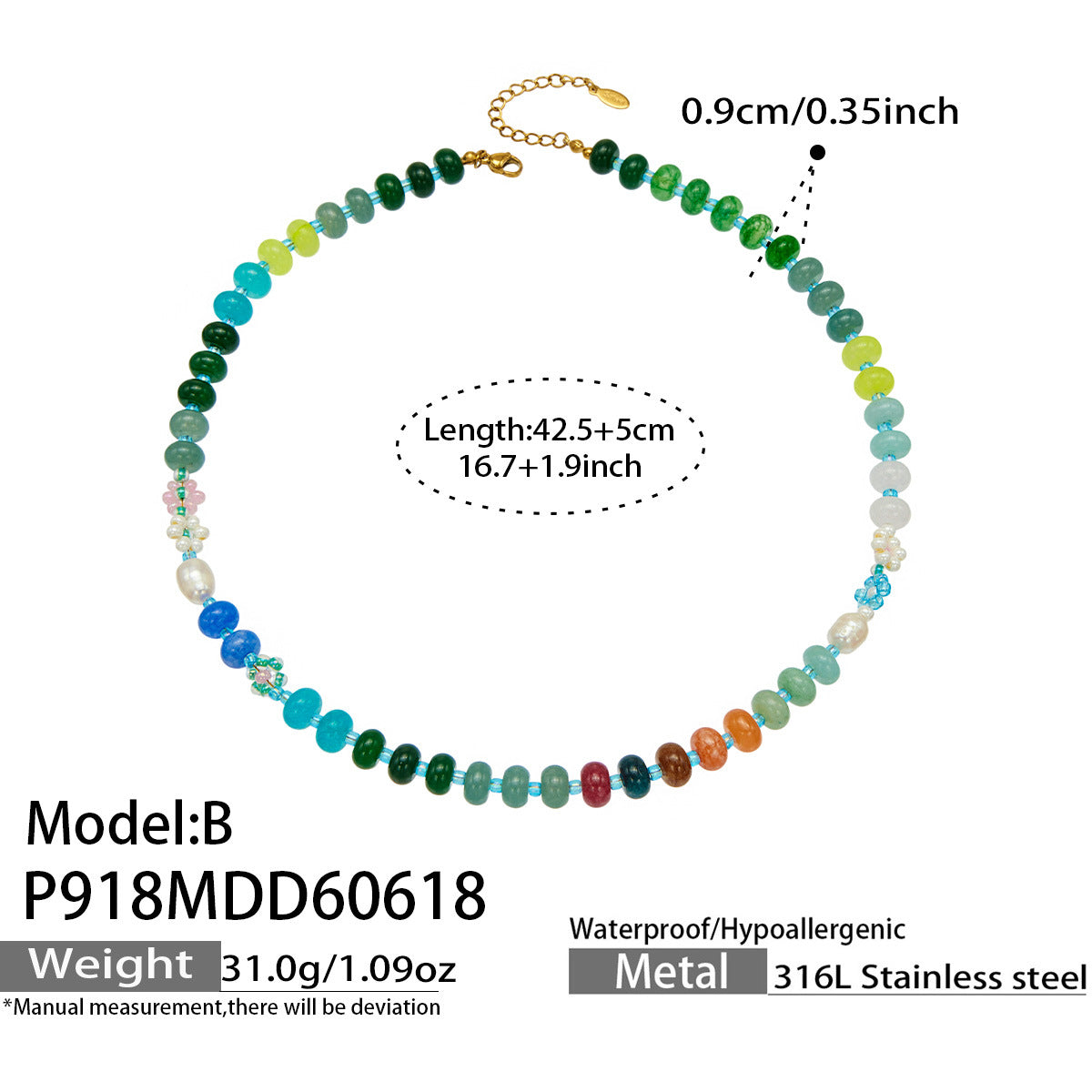B廠【P918】多巴胺彩色天然石算盤珠淡水珍珠手工串珠項鍊不鏽鋼18k金 鎖骨鏈 26.07-1