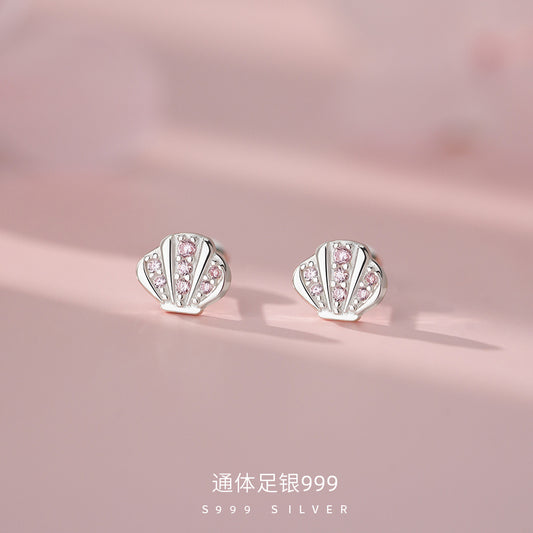 D廠【YC3626E】足銀S999小清新貝殼粉鋯螺絲耳環女可愛甜美溫柔輕奢氣質耳飾
 26.04-5