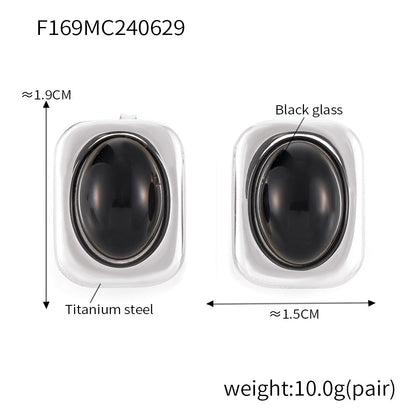B廠【F169】歐美跨國新款方形黑色玻璃耳環鈦鋼鍍18k真金小眾設計感耳環 24.07-1