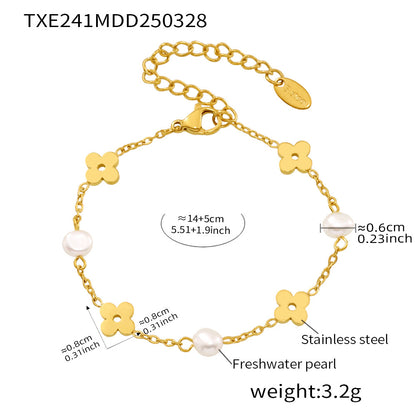 B廠【TXP241】歐美天然淡水珍珠鏤空花朵手鍊項鍊套裝不鏽鋼鍍18k金飾品 25.04-1