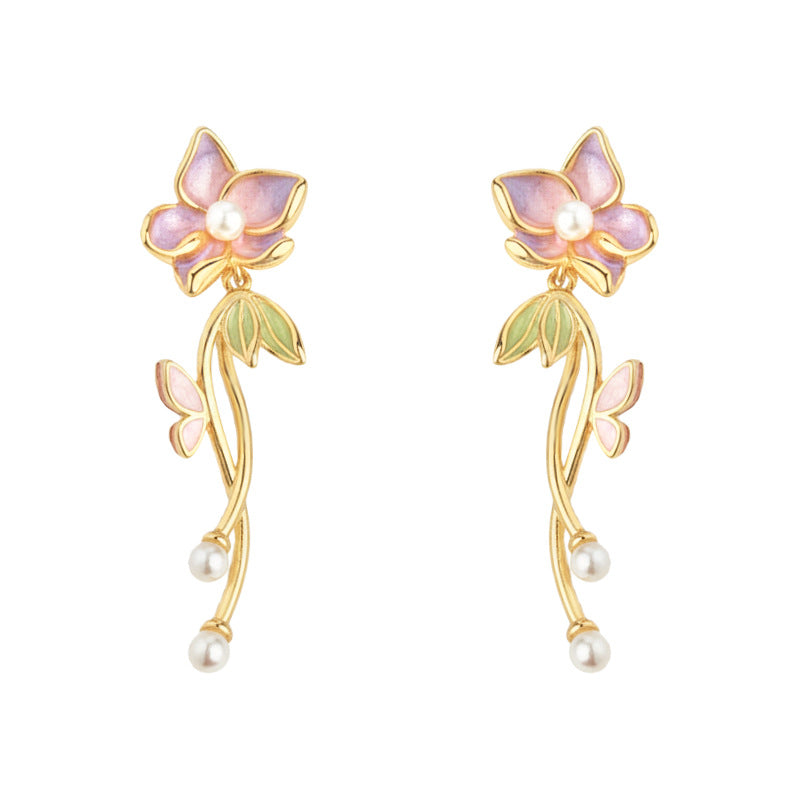 A廠【7364】原創設計琺瑯滴釉手工彩繪清新甜美s925銀針長款流蘇花朵耳飾耳環
 26.01-4