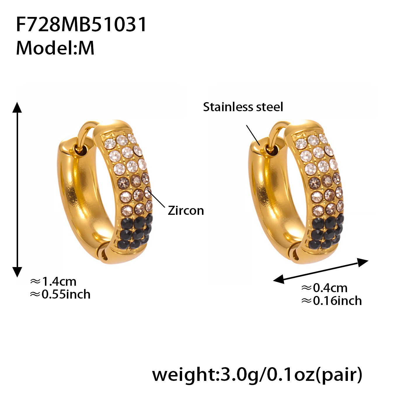 B廠【F728】高質感滿鋯三排鑽球面U型耳扣鍍18k真金輕奢百搭不鏽鋼耳環
 25.11-1