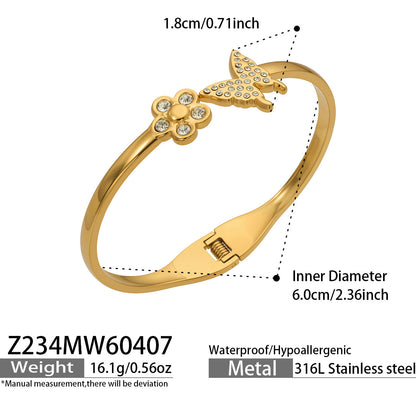 B廠【Z234】跨境時尚微鑲鋯石蝴蝶花朵彈簧開口手鐲網紅輕奢不鏽鋼18k金手環
 26.04-3