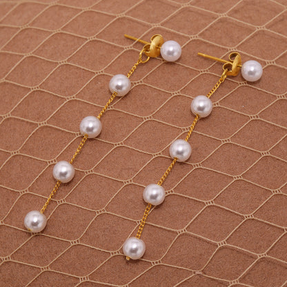 B廠【F1586】ins風新款不鏽鋼仿珍珠流蘇耳環電鍍18k真金耳環不掉色耳飾 25.03-4