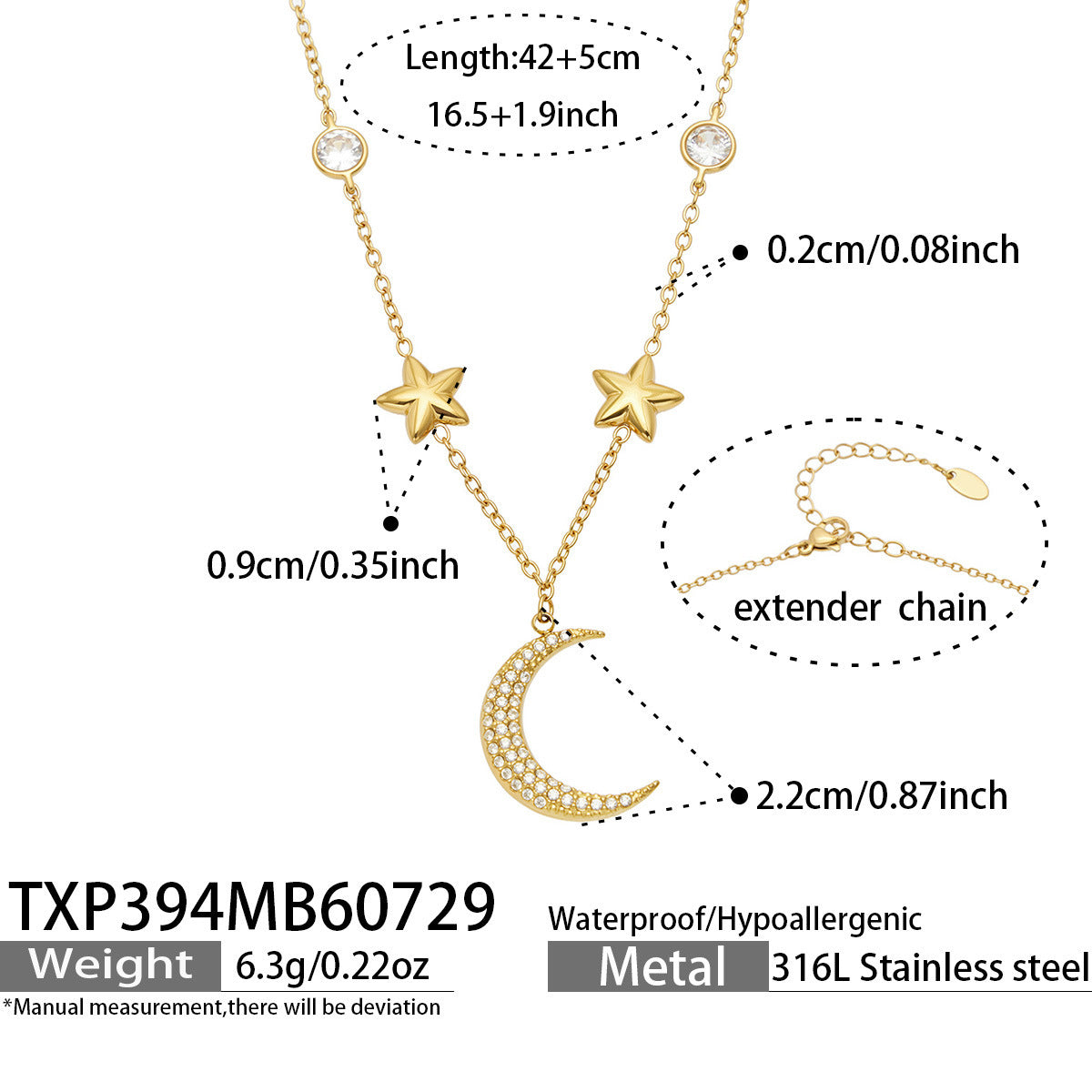 B廠【TXP394】歐美輕奢風不鏽鋼鍍18k金 月亮星星鑲鋯石女項鍊耳環手鐲飾品套裝
 26.08-1