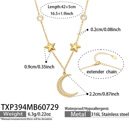 B廠【TXP394】歐美輕奢風不鏽鋼鍍18k金 月亮星星鑲鋯石女項鍊耳環手鐲飾品套裝
 26.08-1