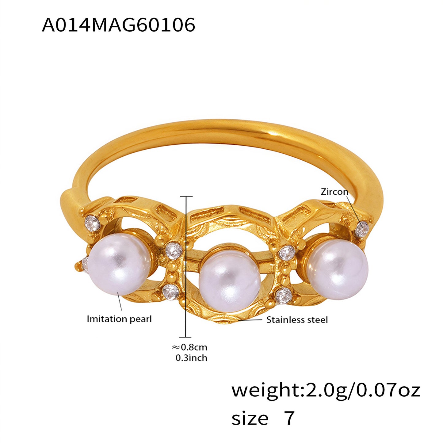 B廠【A014】歐美ins時尚簡約設計5A鋯石貝珠側開口調整戒指不鏽鋼鍍18k金指環
 26.01-2