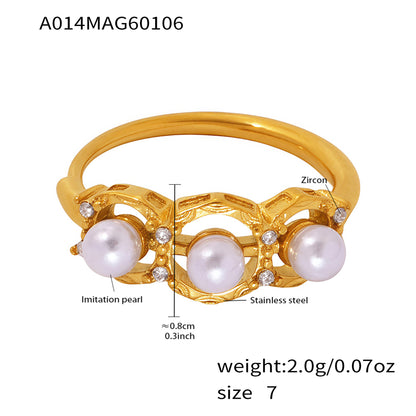 B廠【A014】歐美ins時尚簡約設計5A鋯石貝珠側開口調整戒指不鏽鋼鍍18k金指環
 26.01-2