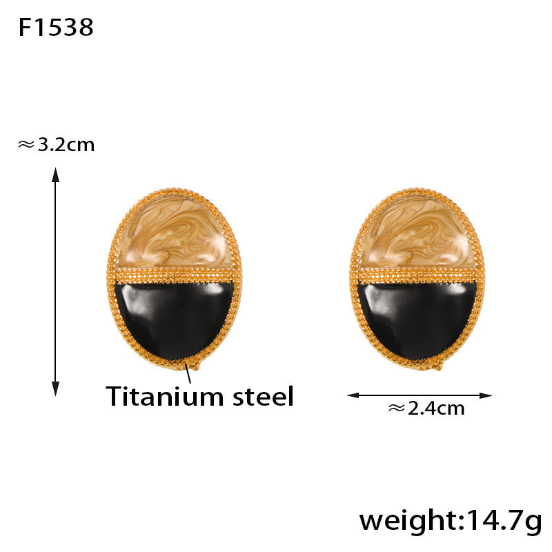 B廠【F1538】歐美鍍18k金鈕扣橢圓形滴油雙拼組合扣耳環ins日韓小香風鈦鋼耳扣 24.05-3