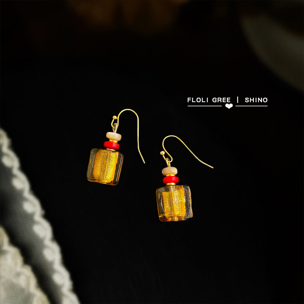 A廠【S124】文藝復古玻璃琉璃手工藝耳飾國潮新中式重工感幾何方形耳環飾品
 25.10-3