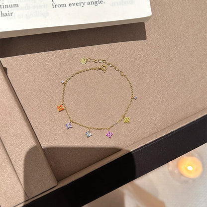 E廠【DQ0697S】S925純銀幸運四葉草手鍊女法式優雅多巴胺彩鑽花朵甜美手飾 25.06-2