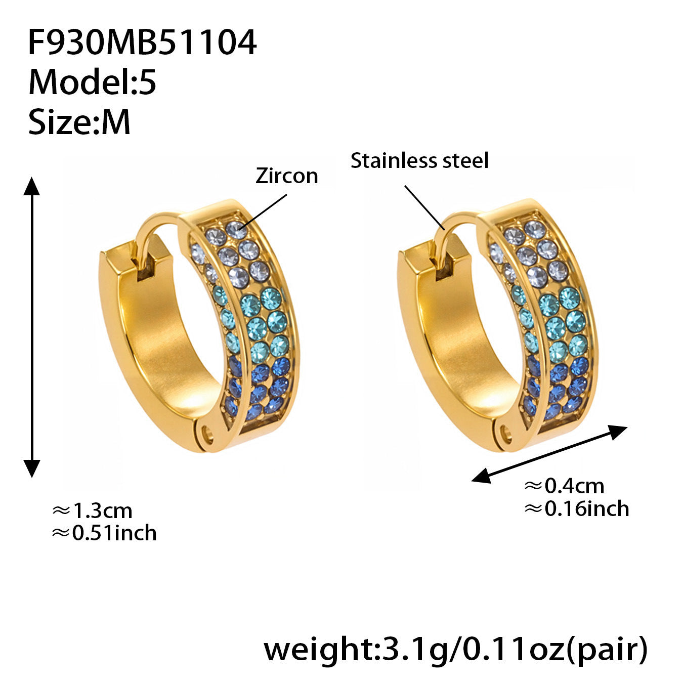 B廠【F930】ins風高品質彩色5A鋯石圓圈卡扣耳環不鏽鋼鍍18k真金耳飾女
 25.11-2