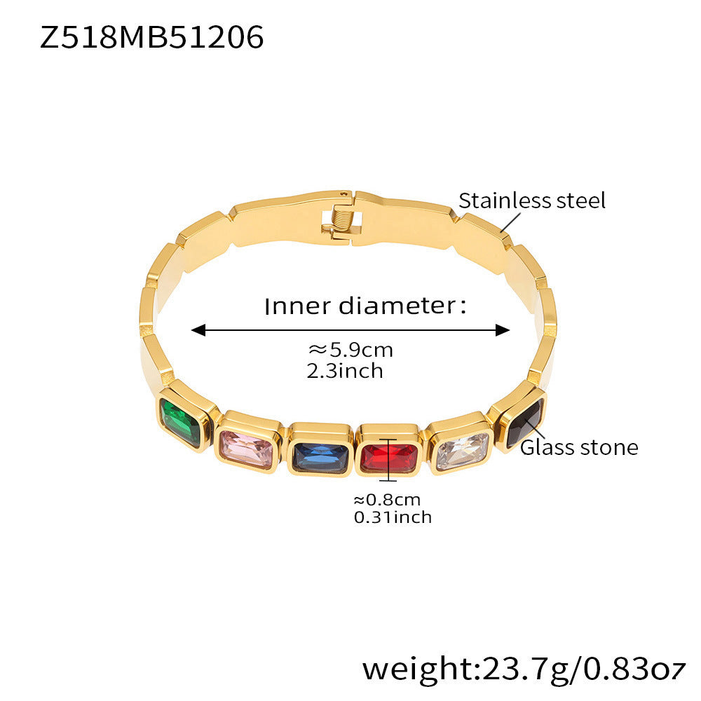 B廠【Z518】不鏽鋼方形彩色玻璃石手鐲ins小眾設計歐美潮酷飾品鍍18k金不掉色
 25.12-2