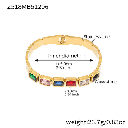 B廠【Z518】不鏽鋼方形彩色玻璃石手鐲ins小眾設計歐美潮酷飾品鍍18k金不掉色
 25.12-2
