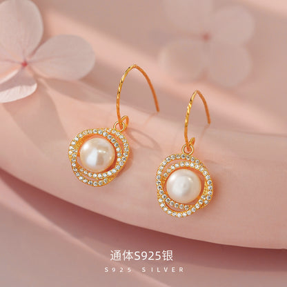 D廠【YC4680E】純銀S925輕奢螺旋珍珠耳鉤女復古高級法式名媛風溫柔文藝耳鉤
 26.06-4