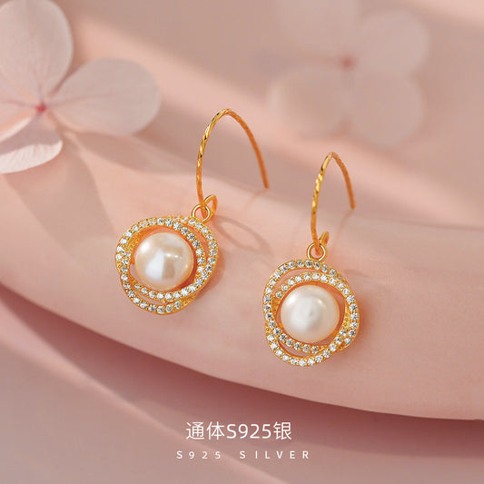 D廠【YC4680E】純銀S925輕奢螺旋珍珠耳鉤女復古高級法式名媛風溫柔文藝耳鉤
 26.06-4