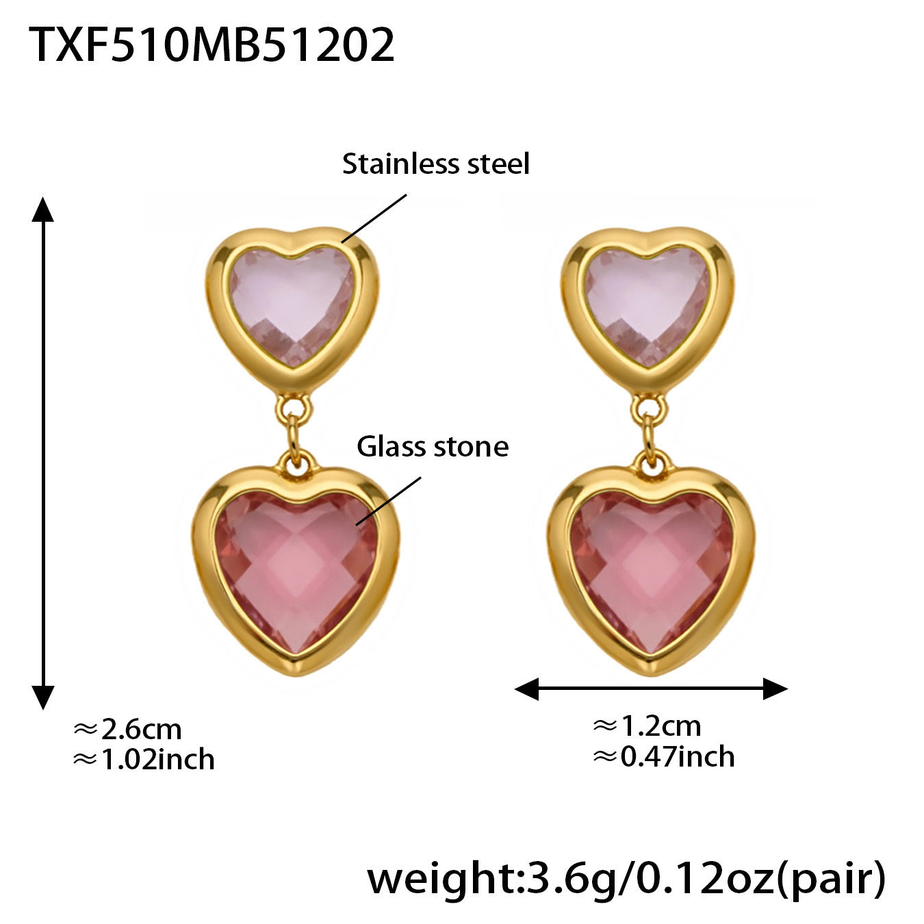 B廠【TXP510】不鏽鋼愛心切麵包邊玻璃石鋼珠項鍊手鍊耳環組鍍18k真金不掉色
 25.12-2
