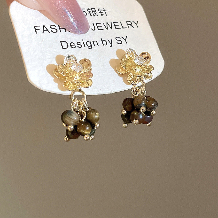 A廠【HE28971】925銀針虎眼石鋯石花朵流蘇吊墜耳環美拉德風耳環輕奢高級感耳飾
 25.10-3