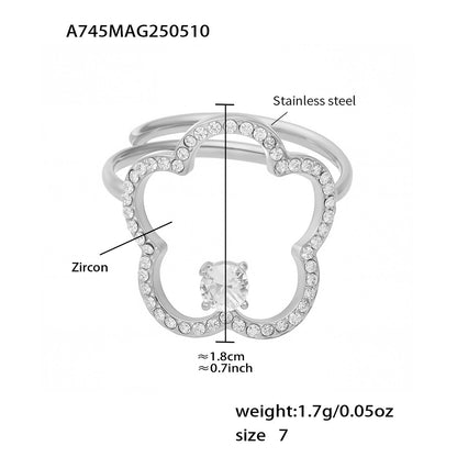 B廠【A745】ins輕奢風5A鋯石小鑽五葉花開口可調式戒指不鏽鋼鍍18k真金 25.05-3