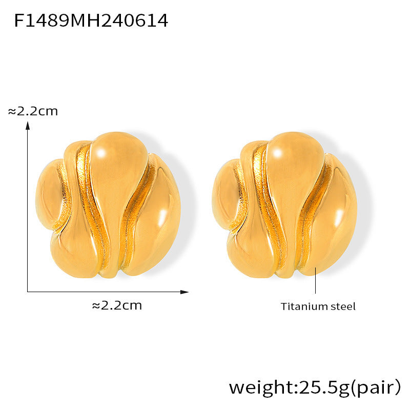 B廠【F1489】歐美誇張幾何不規則圓耳環凹凸紋理鍍18k金耳環INS風鈦鋼保色耳環 24.06-3