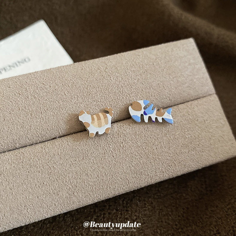 A廠【HE29320】925銀針童趣魚骨小貓耳環輕奢高級感小眾設計感耳環卡通可愛耳環女
 25.11-2