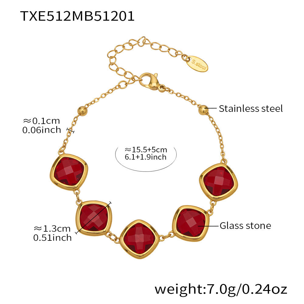 B廠【TXP512】不銹鋼正方形切面玻璃石手鍊項鍊耳環套裝歐美風潮酷氣質珠寶首飾
 25.12-2