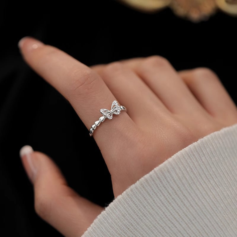 F廠【DQ8549R】小眾設計蝴蝶戒指女S925純銀創意小創意鏤空微鑲素圈開口指環 25.07-4