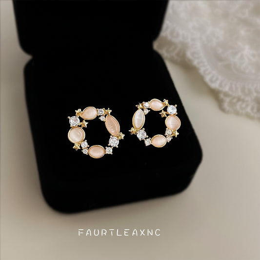 C廠【6958】原創設計玻璃貓眼石微鑲鋯石925銀針鍍14K通勤高級感圓耳環耳飾
 25.10-4