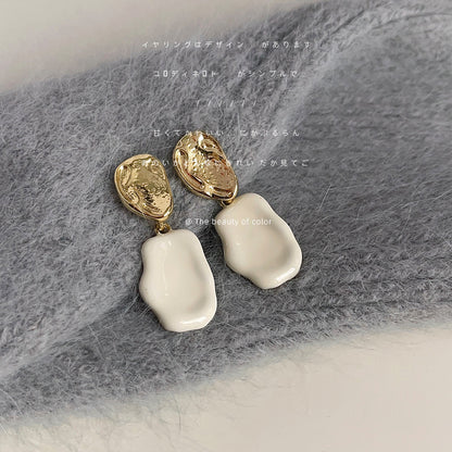 A廠【3346】法式奶白色滴釉鍍14K耳環女小眾不規則幾何時尚簡約百搭耳飾 25.07-4