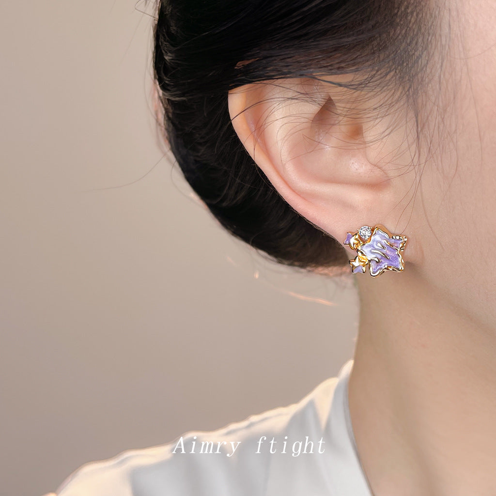A廠【7200】原創琺瑯彩繪滴釉漸變色 925銀針鑲嵌鋯石紫色星星耳環個性耳飾女
 25.12-1