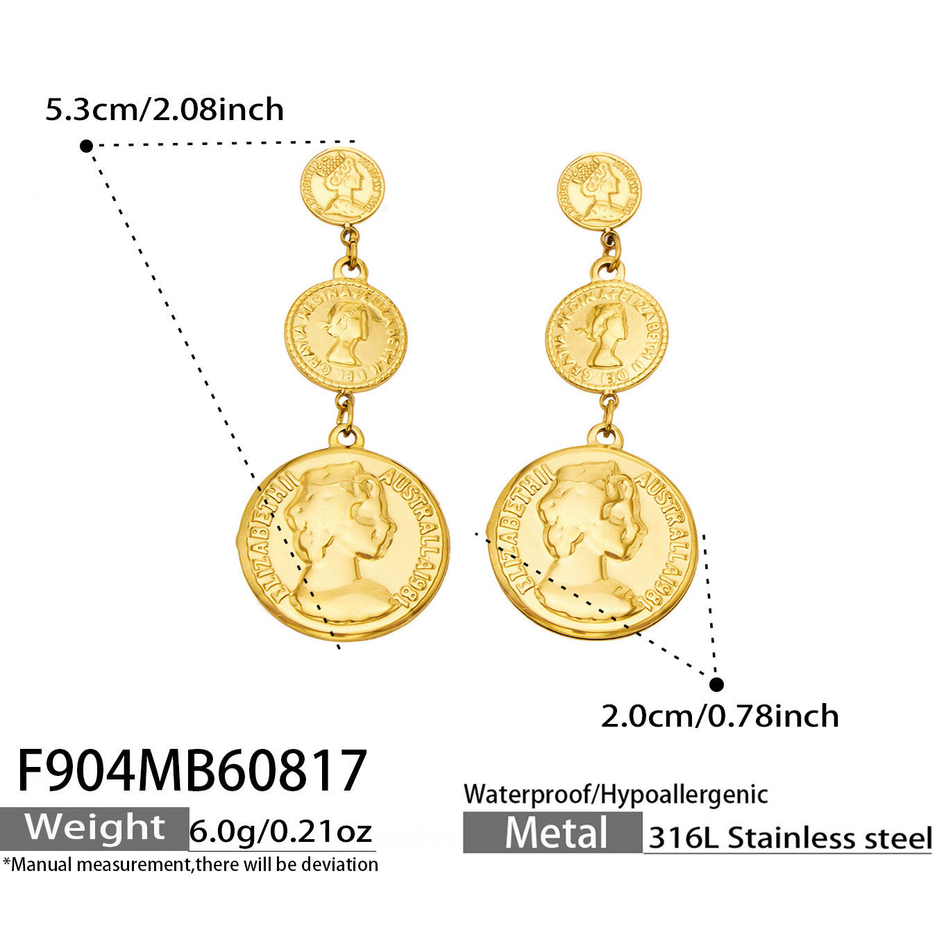 B廠【F904】新款時尚復古硬幣漸層大小耳環不鏽鋼鍍18k金 輕奢百搭女飾品耳環
 26.08-3