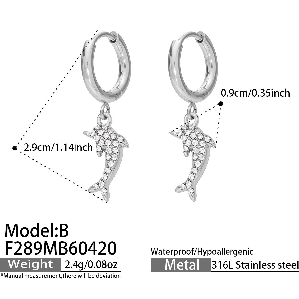 B廠【F289】海洋風不鏽鋼鑲嵌鋯石小海豚吊墜耳環鍍18k金耳圈輕奢簡約耳飾女
 26.04-5