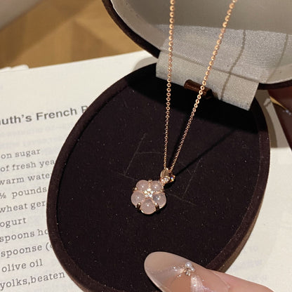 E廠【XDQ1020N】S925純銀日韓甜美櫻花粉水晶項鍊女小眾高級感粉紅色花朵鎖骨鏈
 25.11-4