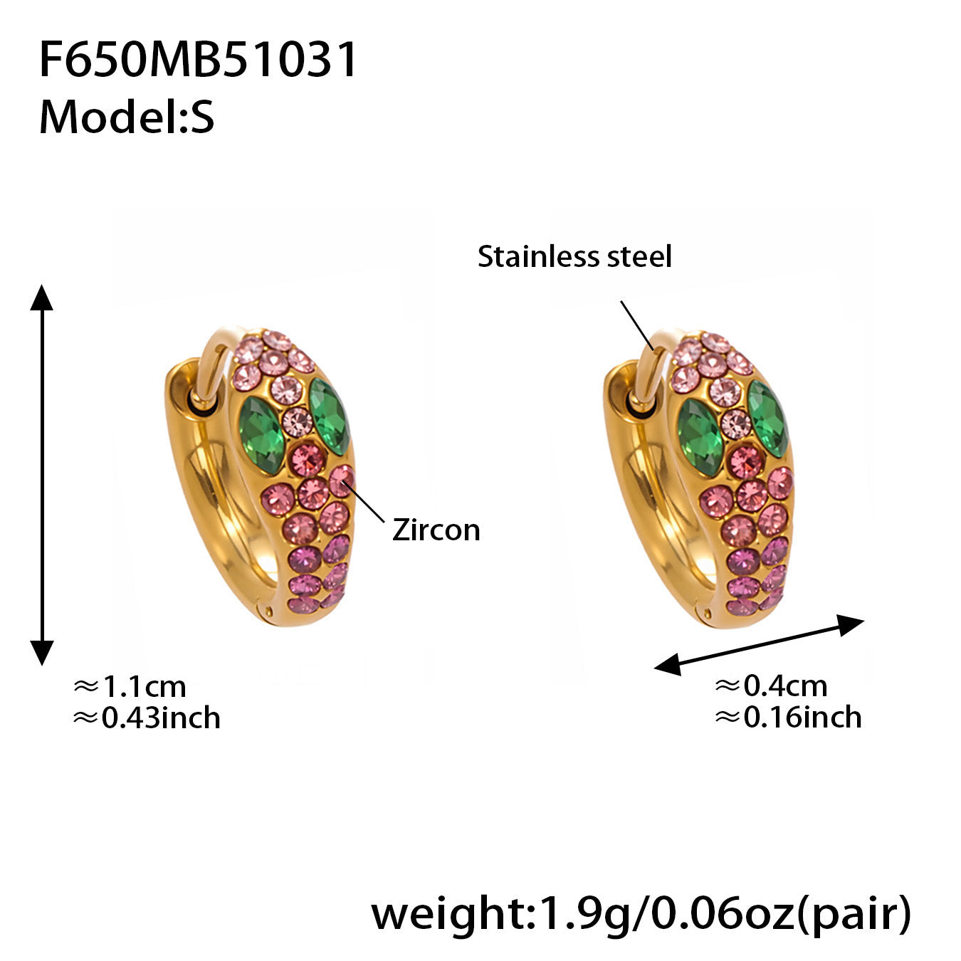 B廠【F650】彩色鋯石U形耳環不鏽鋼鍍18k真金蛇形滿鑽輕奢時尚百搭耳飾
 25.11-1