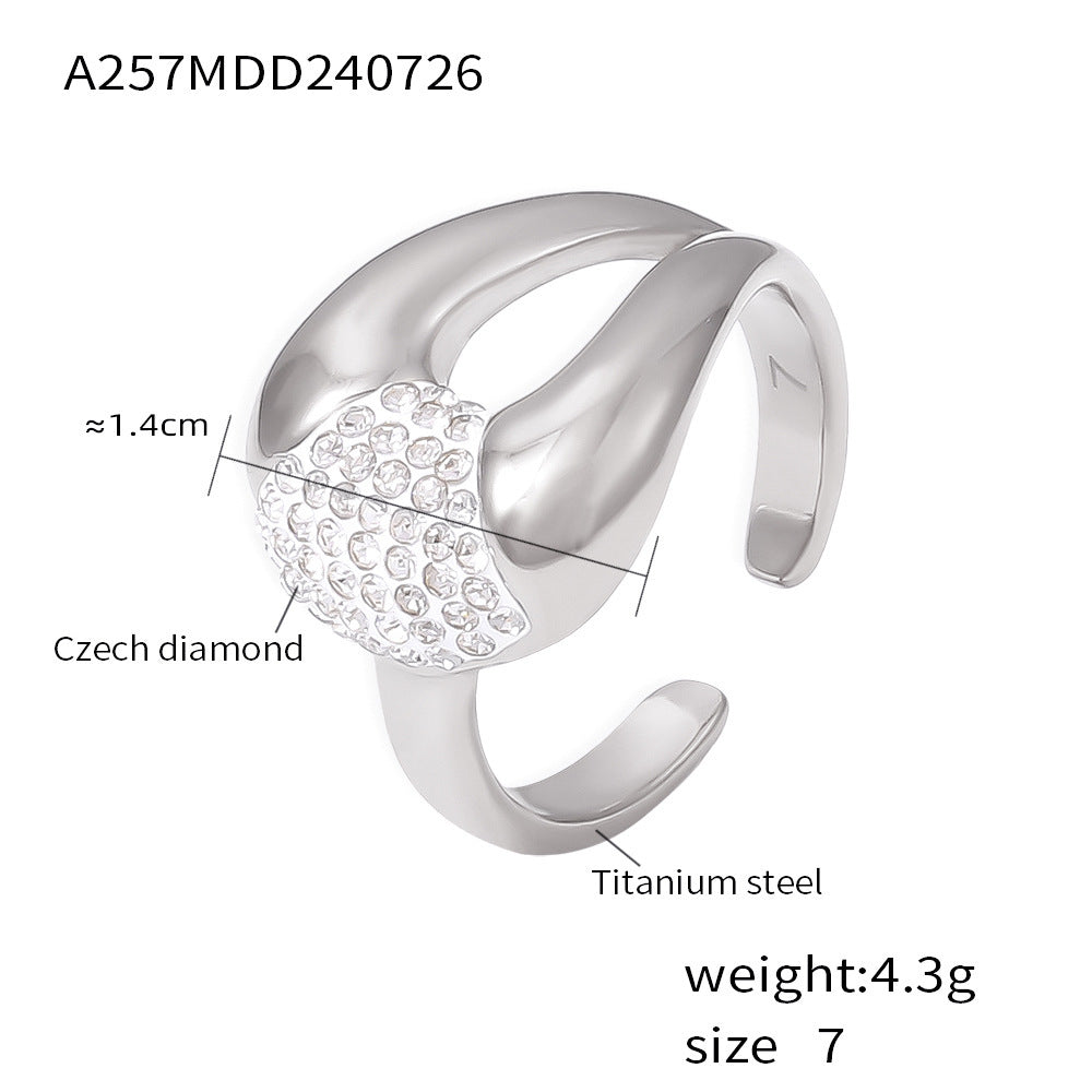 B廠【A257】跨國歐美風不規則幾何形鑲鑽開口戒指小眾輕奢感鈦鋼鍍18k金飾品 24.07-5