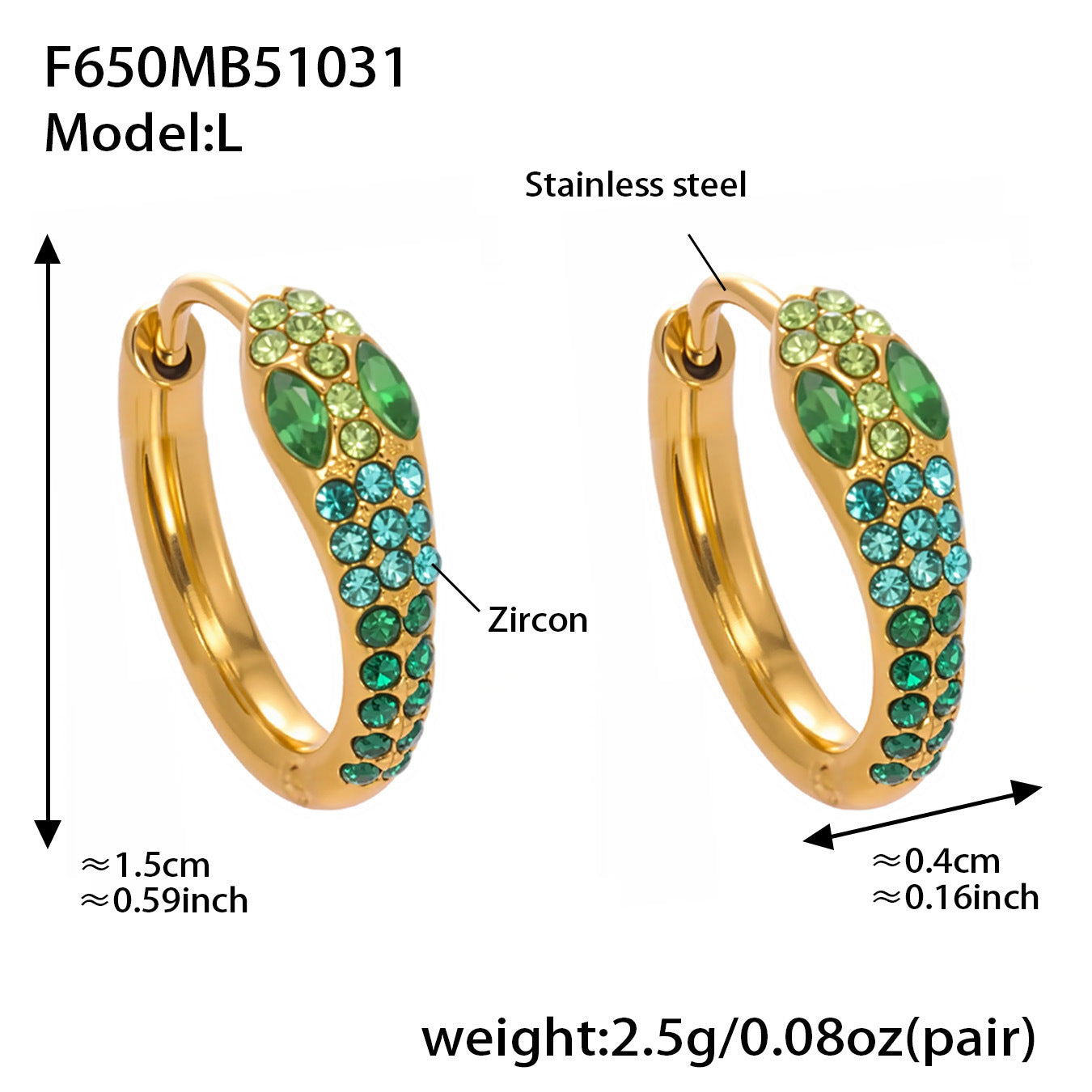 B廠【F650】彩色鋯石U形耳環不鏽鋼鍍18k真金蛇形滿鑽輕奢時尚百搭耳飾
 25.11-1