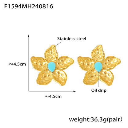 B廠【F1594】歐美風金色岩溶花朵耳環誇張復古設計18K鍍真金不銹鋼滴油耳環女 24.08-4