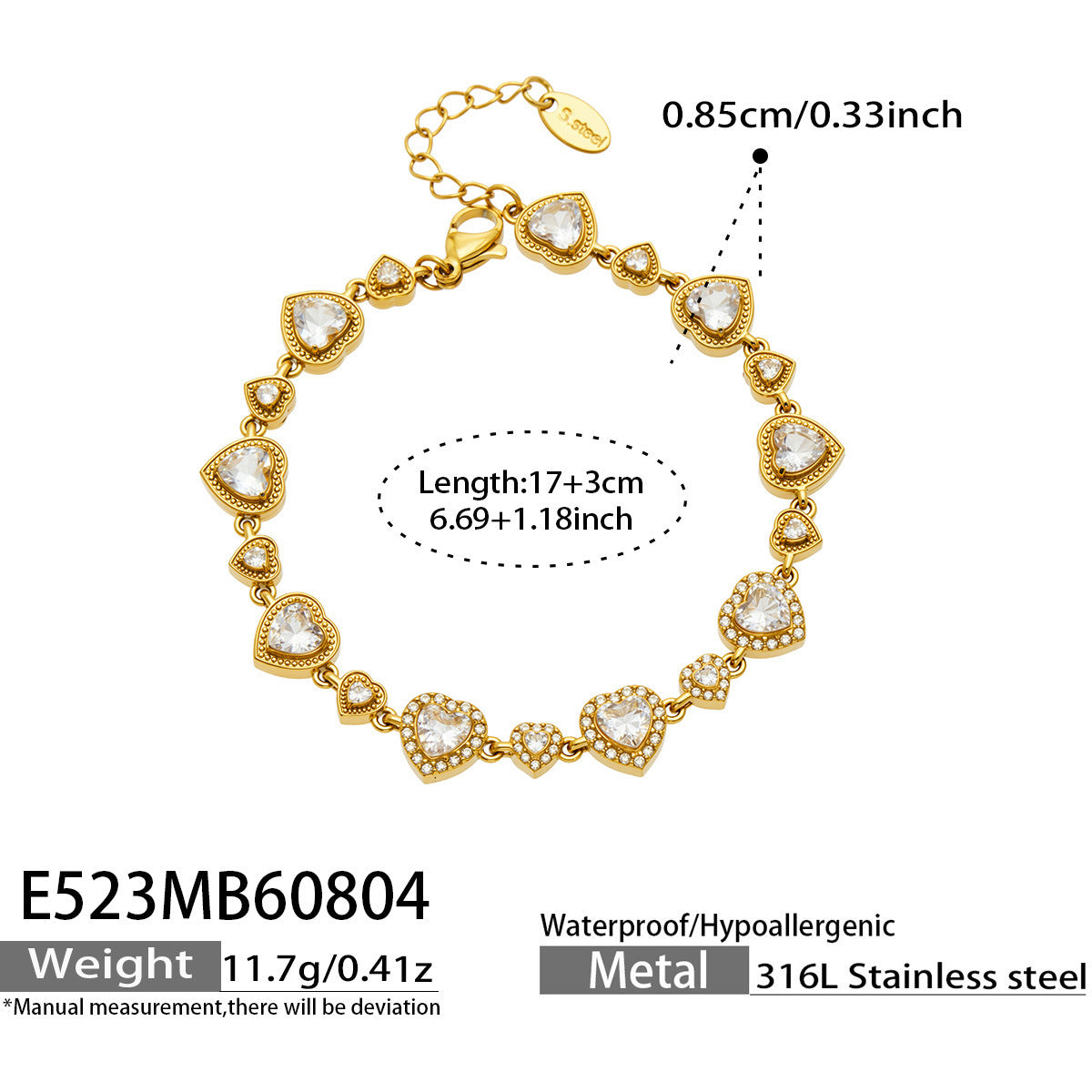 B廠【E523】跨境熱銷不鏽鋼18k金 愛心鋯石手鍊女輕奢不掉色疊戴手飾手鍊
 26.08-1