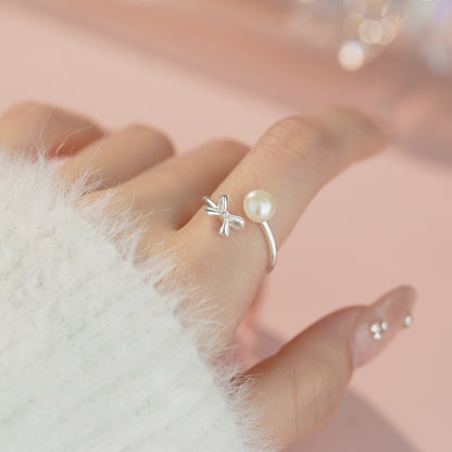 D廠【YC4002R】S925純銀小眾設計蝴蝶結珍珠戒指女ins風甜美溫柔開口戒 25.03-4