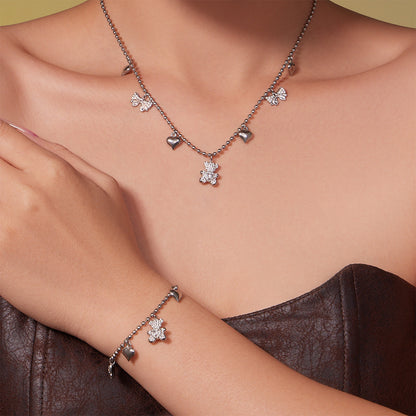 B廠【TXP500】不銹鋼5A鋯石滿鑽小熊蝴蝶結愛心多配件吊墜項鍊手鍊耳環首飾套裝
 25.11-4