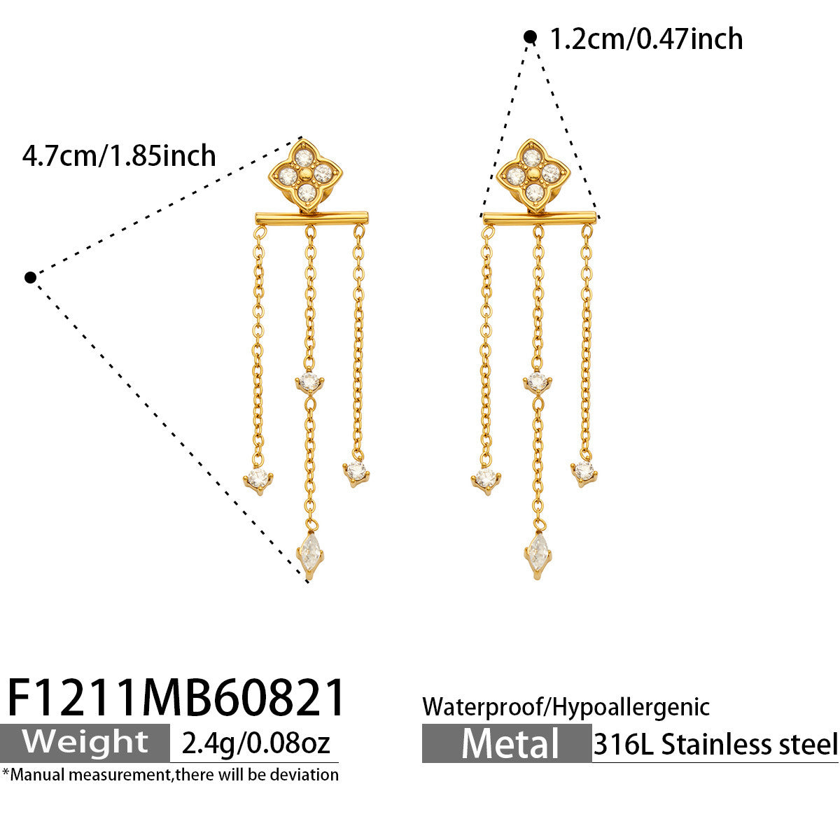 B廠【F1211】跨境熱銷四葉花鋯石吊墜鈦鋼耳飾時尚氣質度假風流蘇長耳環女
 26.08-4