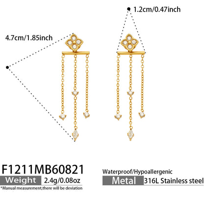 B廠【F1211】跨境熱銷四葉花鋯石吊墜鈦鋼耳飾時尚氣質度假風流蘇長耳環女
 26.08-4