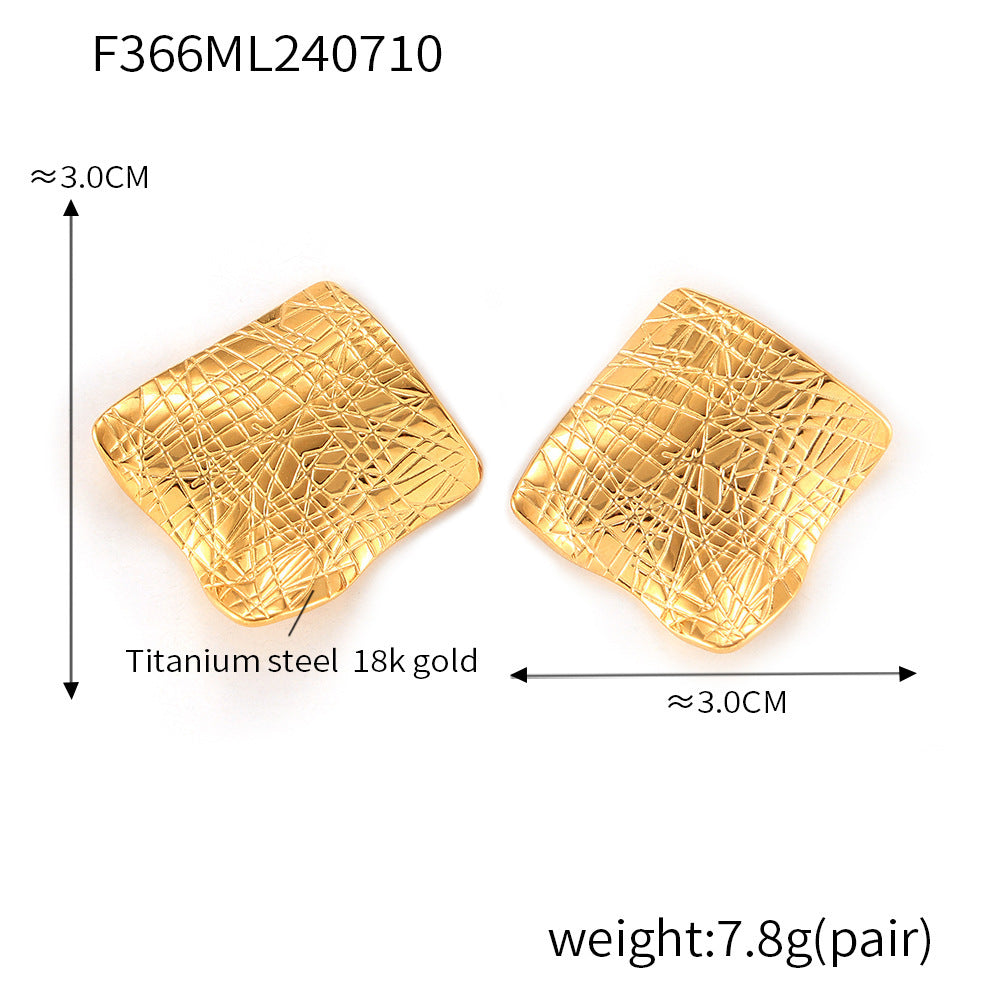 B廠【F366】歐美ins風不規則摺痕方形耳環復古異形設計鈦鋼鍍18K真金幾何耳飾 24.07-3