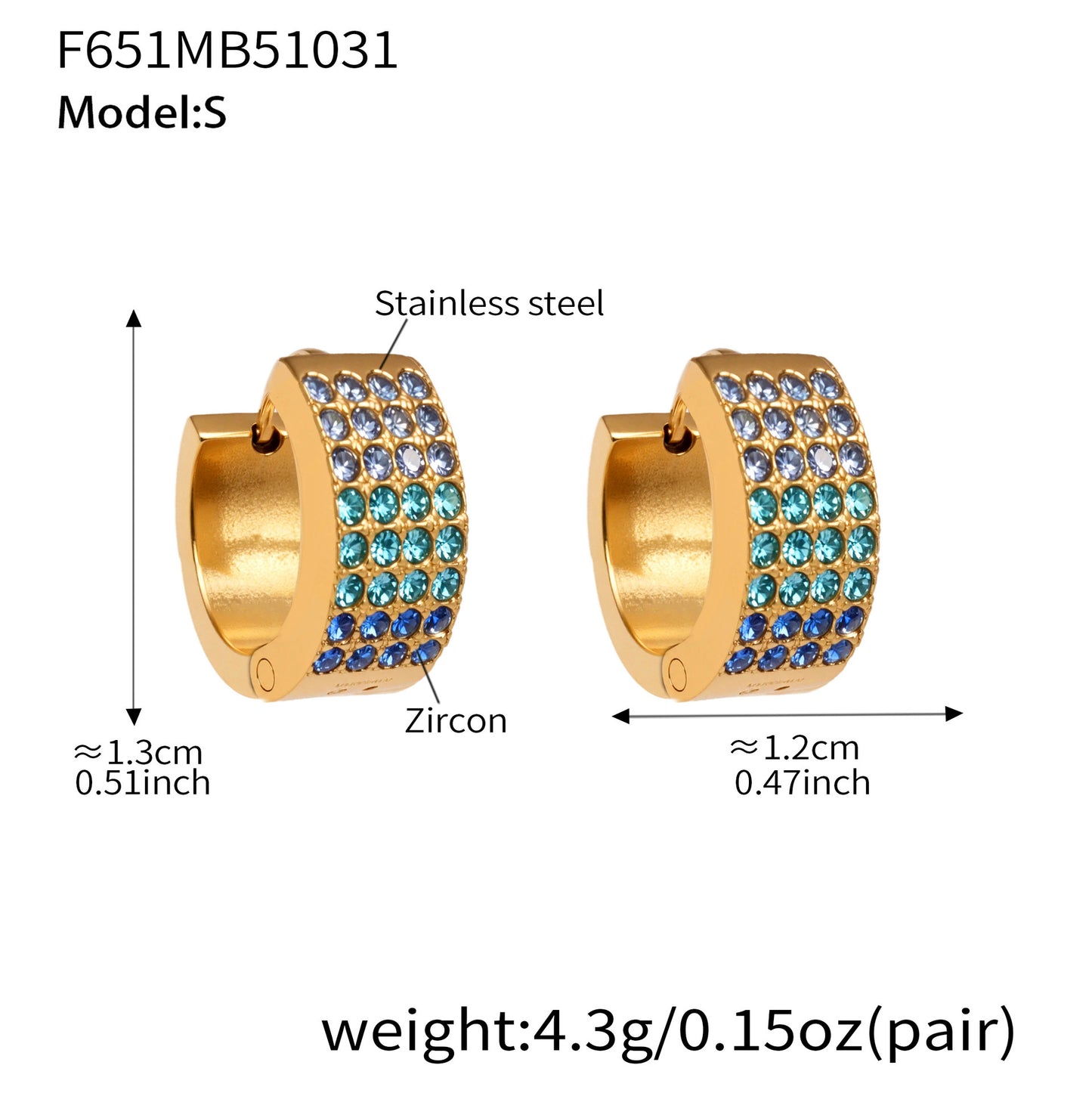 B廠【F651】彩鑽四排鋯石精緻卡扣耳環不鏽鋼鍍18k金時尚百搭個性耳飾
 25.11-1