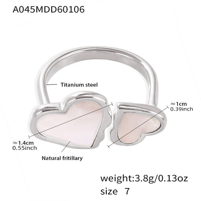 B廠【A045】歐美跨境幾何雙愛心開口天然貝母戒指不鏽鋼鍍18k真金氣質手飾品
 26.01-2