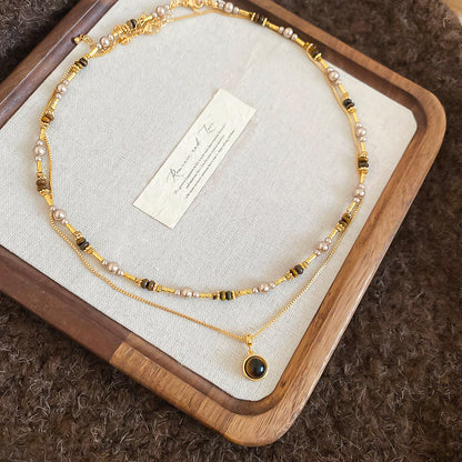 A廠【HN10420】18k真金電鍍虎眼石珍珠串珠項鍊美拉德高級感鎖骨鏈復古國潮頸鍊
 25.10-5