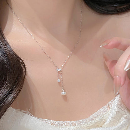 E廠【XDQ0817N】小眾精緻雙珠麵包珠流蘇項鍊女S925純銀輕奢閃鑽球氣質鎖骨鏈
 26.04-5