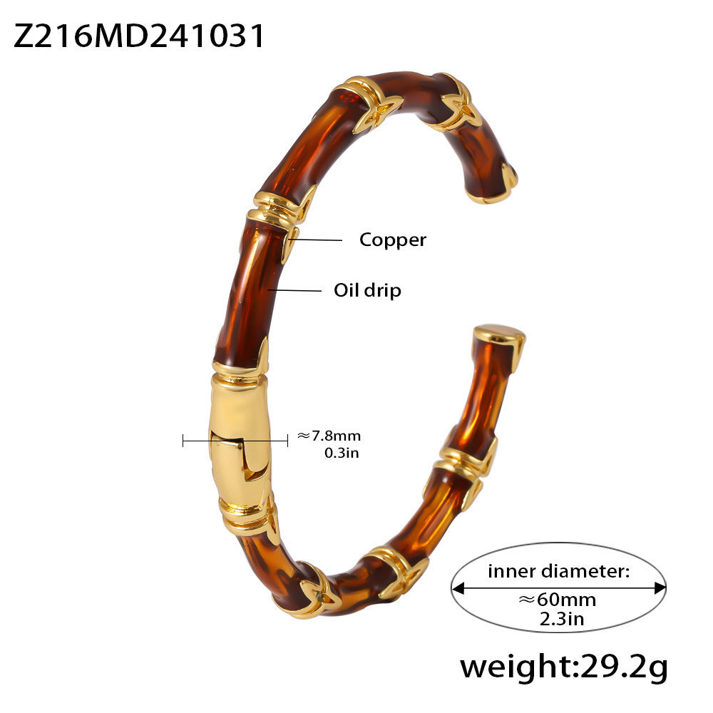 B廠【Z216】 竹節茶色手繪滴油開口手鐲銅鍍18K真金保色美拉德秋冬首飾 24.11-2