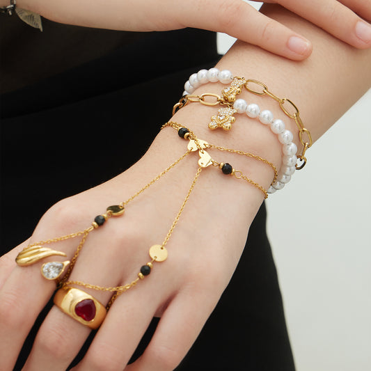 B廠【E153】不鏽鋼愛心小熊鑲鋯石吊墜手工貝珠手鍊手指鍊組合手上鍍18k真金
 25.12-3